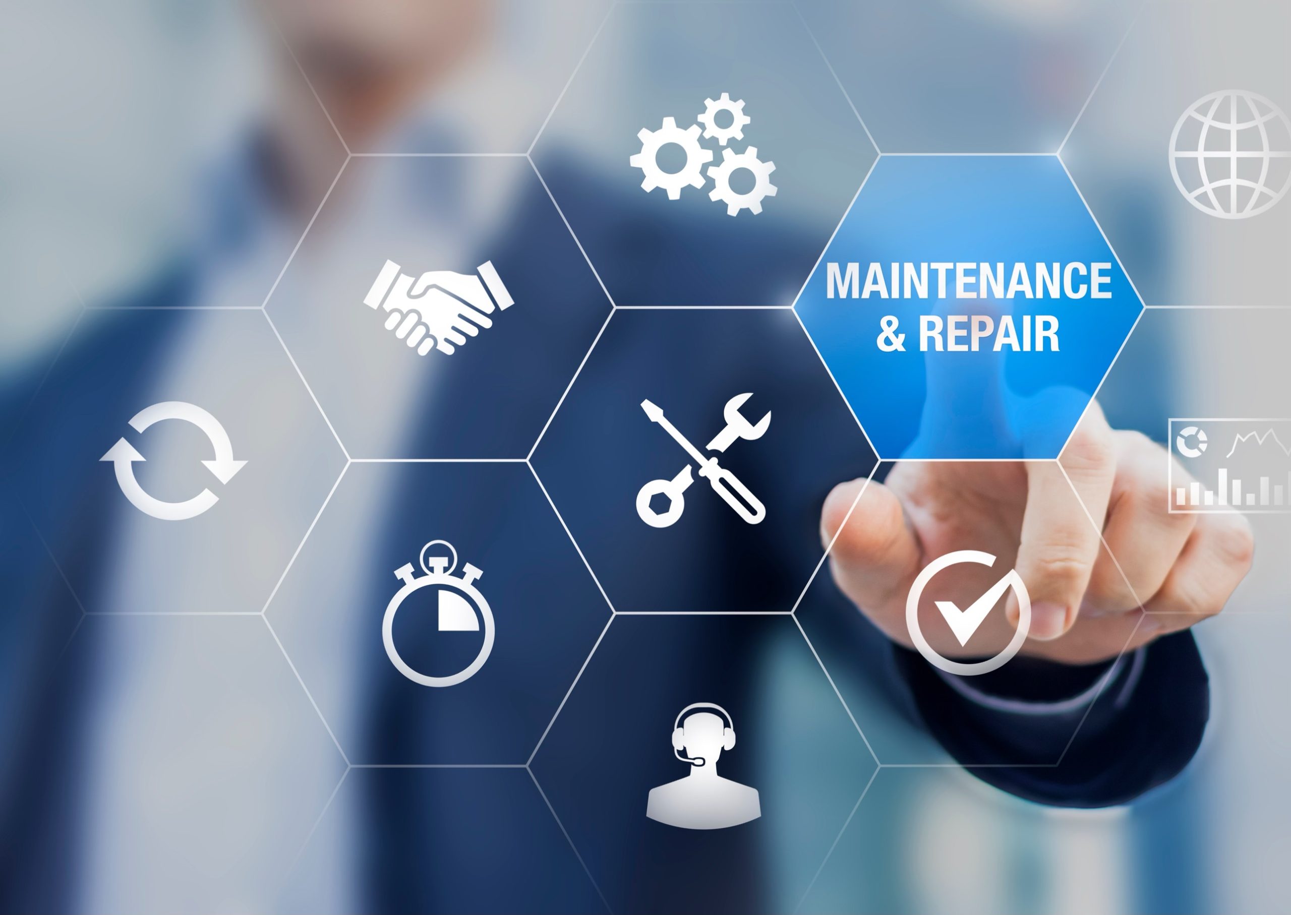 Maintenance and repair service icons representing scheduling, tools, and quality checks